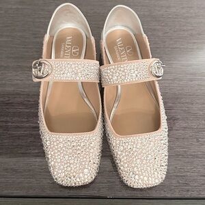 Valentino Garavani VLogo Crystal Nude Square Toe Ballerina Maryjane Flats 35